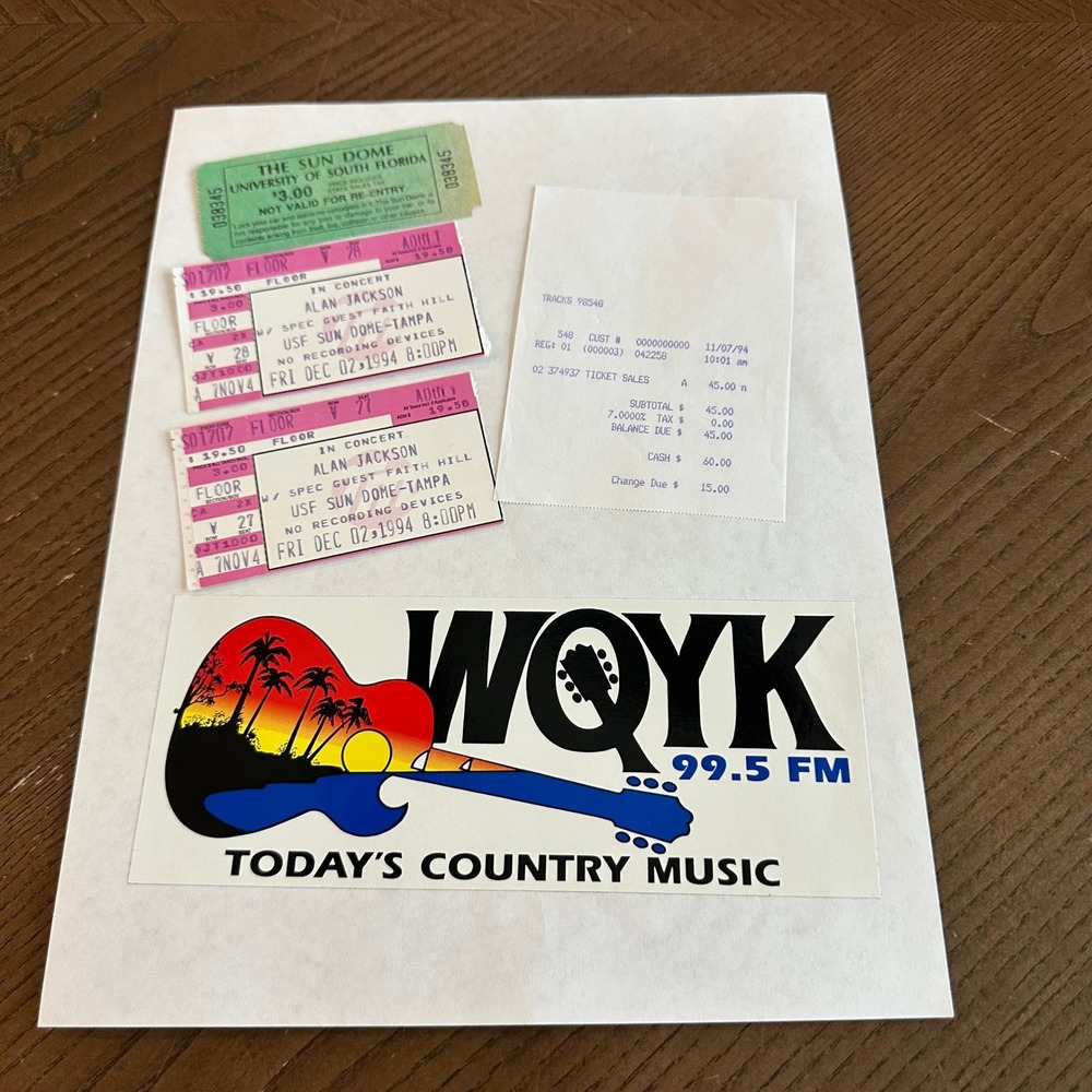 Vintage 1994 Alan Jackson Faith Hill Concert Ticket‎ Stubs Receipt WQYK Sticker